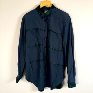 Nina Piccalino Vintage VTG Tiered Button Up Shirt Top Emerald Green Navy Size 10